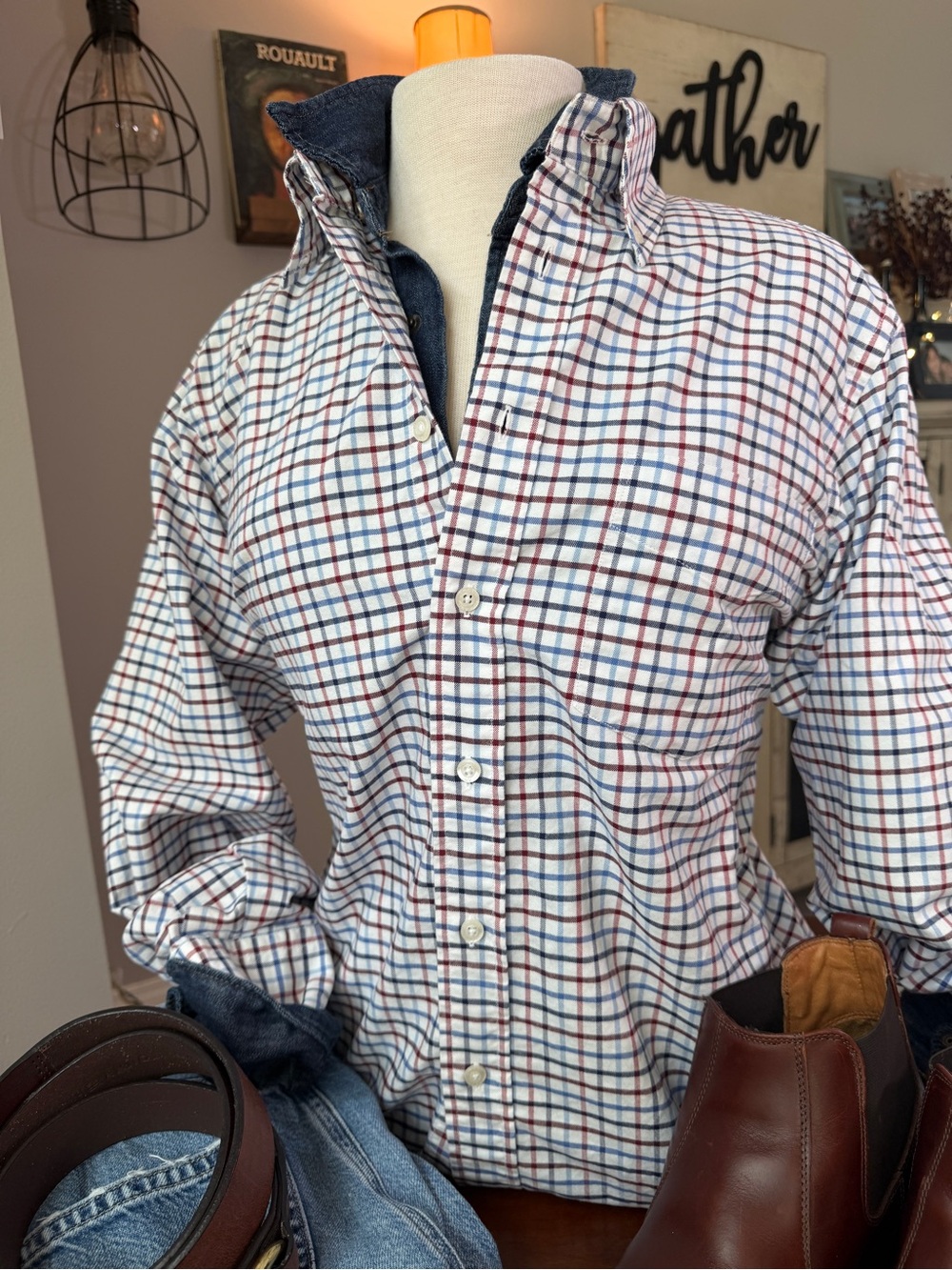 Boggi Milano Men's M Red White Blue Check Long Sleeve Cotton Button Down